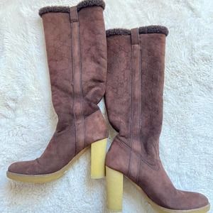 Authentic Brown Shearling Gucci Monogram GG Boots 5 1/2